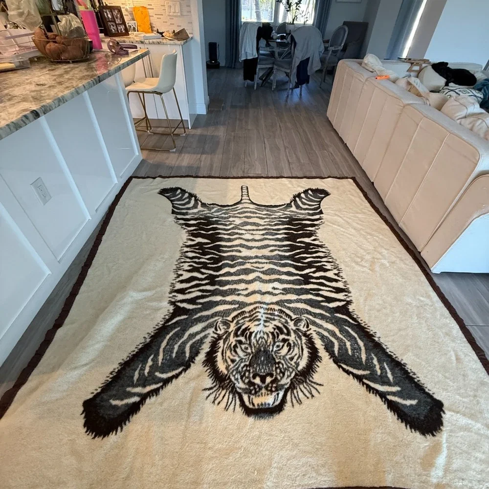 Vintage Biederlack Style Tiger Faux‎ Pelt Rug Fleece Blanket Germany 85x89 XL